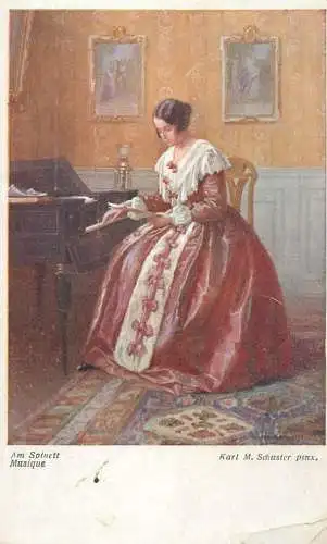 A5248 Vintage fine arts postcard Am Spinett Karl Schuster pinx