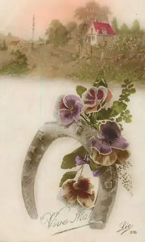 A5242 Holiday greetings  horseshoe lucky charm & pansies flowers