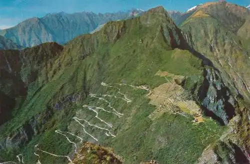 A5240 Peru Machupichu Hiram Bingham curved mountain road aerial view