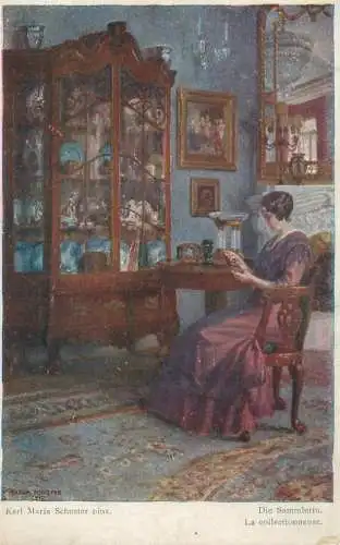 A5232 Fine art painting vintage postcard Die Sammlerin Karl Maria Schuster pinx Moderne Kunst