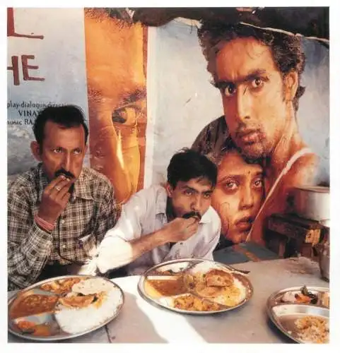 India Bollywood actors 15 x 15 cm postcard a food stall near the Alfred Talkies Cinema in Mumbai