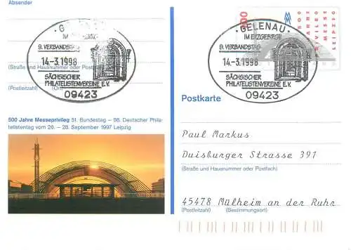 A5462 Germany Postkarte 500 Jahre Messeprivileg Bundestag DEutsche Philatelistentag Leipzig 1997
