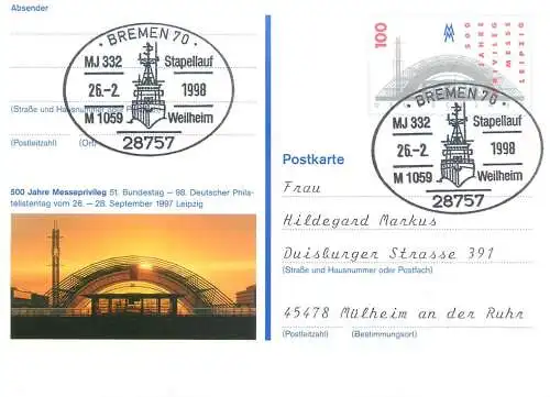 A5462 Germany Postkarte 500 Jahre Messeprivileg Bundestag DEutsche Philatelistentag Leipzig 1997