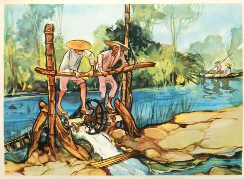 Old Paper Chromo Image Sanella Trade Card China-Tibet-Japan water wheels