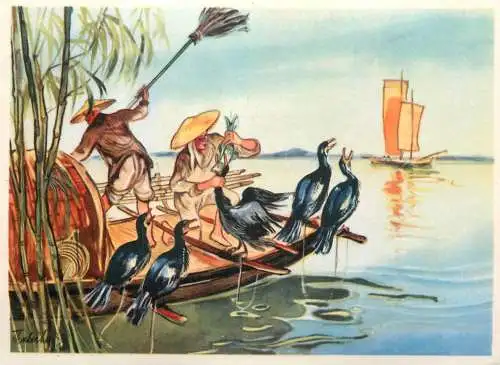 Old Paper Chromo Image Sanella Trade Card China-Tibet-Japan Cormorant fishermen