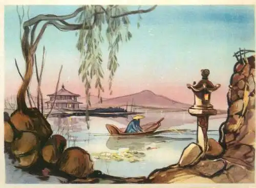 Old Paper Chromo Image Sanella Trade Card China-Tibet-Japan the poet Li Tai-po in the lake