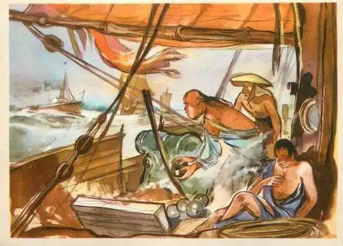 Old Paper Chromo Image Sanella Trade Card war junks China Tibet Japan