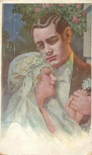 A5303 Drawn groom & bride romantic lovers artist postcard