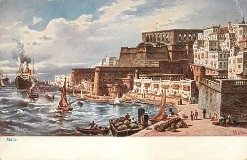 Postcard Malta fortress harbour