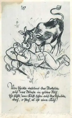 A5277 Military life 1941 artist postcard soldier caricature cow vache