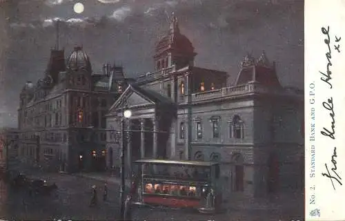 A5153 CAPE TOWN Bank and G.P.O., Night View with Full Moon, Tram, South Africa