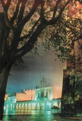 Poland Krakow Rynek Glowny Sukiennice by night