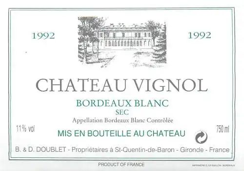 A5000 Chateau Vignol Bordeaux Blanc sec 1992 label