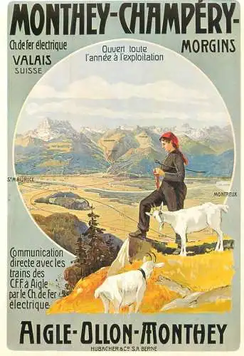 A5059 Advertising poster modern postcard tourism Schweiz Monthey Champery electric railway Valais Morgins