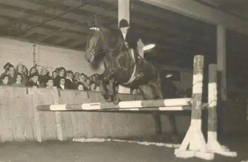 YOUNG WOMAN ON HORSE AT SHOW JUMPING, HORSE COMPETITION