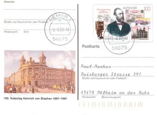 A5717 Postkarte Deutschland Todestag Heinrich von Stephan 1997