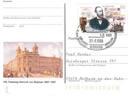 A5717 Postkarte Deutschland Todestag Heinrich von Stephan 1997