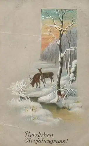 A5737 Herzlichen Neujahrsgruss Postkarte winter landscape with deer