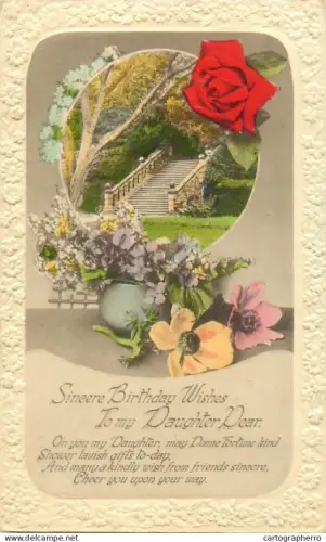 A5301 Holidays and celebrations greetings Sincere Birthday Wishes to my Dear Daughter floral design embossed postcard