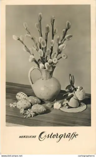 A5301 Holidays and celebrations greetings Herzliche Ostergrusse blossom willow arrangement and miniature rabbit ornament