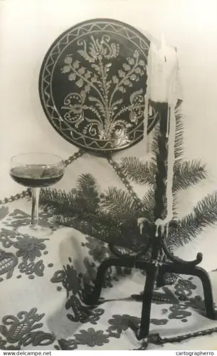 A5301 Holidays and celebrations greetings candle, candlestick, decorated plate and celebratory drink glass