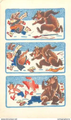 A5301 Holidays and celebrations greetings humour caricature bear vs man multi view illustration