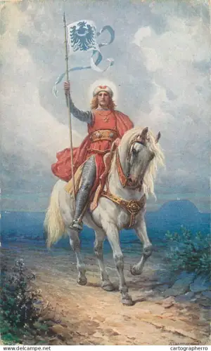 A5797 Czech history and culture Wenceslas I, Duke Saint of Bohemia white horse - A. Liebscher: St. Wenceslas, circa 1925