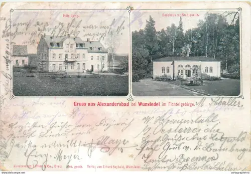 A5804 Wunsiedel Gruß aus Alexandersbad im Fichtelgebirge Hotel Lang Badehaus mit Stahlquelle 1904