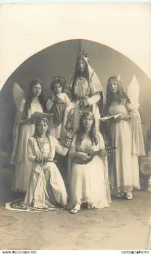 A5804 Theater group pose musical angels costumes vintage photographic postcard