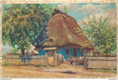 A5796 Vesnicka Idylla village rural landscape traditional house vintage postcard Czechia