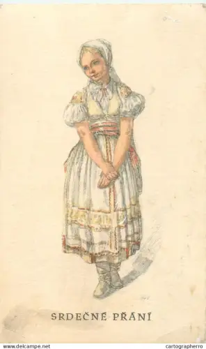 A5796 Czech artist Marie Fischerová-Kvěchová postcard young girl in a traditional folk costume "SRDEČNÉ PŘÁNÍ"