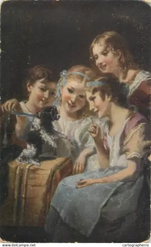 A5288 Fine art vintage postcard Dog tricks J. Lanfand de Metz painting