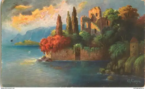 A5288 Fine art postcard castle ruins illustration signed artwork