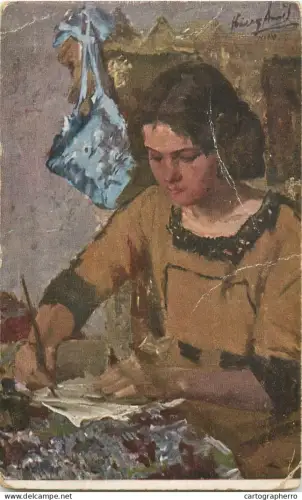 A5288 Fine art postcard woman writing letter signed artwork