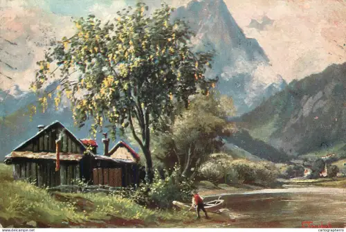 A5288 Fine art postcard idyllic scenery house mountain landscape signed artwork