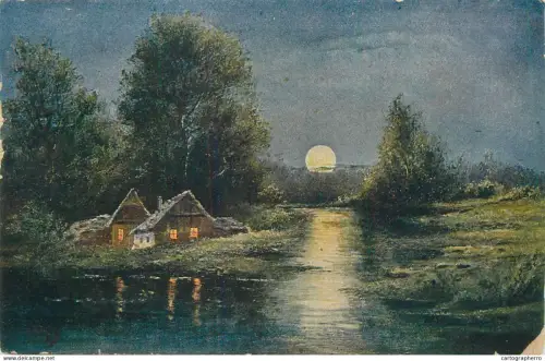 A5288 Fine art postcard house countryside area moonlight idyllic scenery