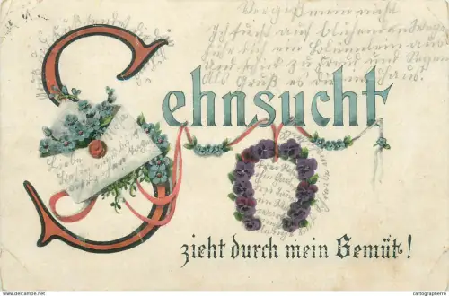 A5287 Sehnsucht Love message illustration postcard floral design and envelope letter