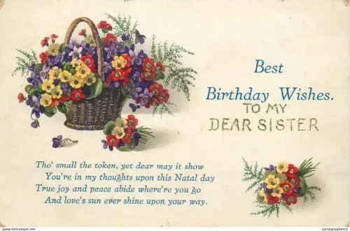A5274 Holidays & celebrations greetings postcard Best Birthday wishes for sister basket flower bouquet