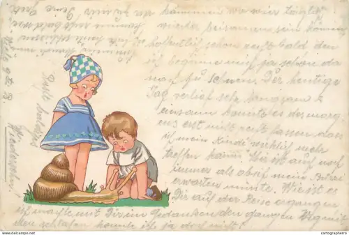 A5270 Children drawing funny humour children types watching a snail