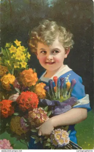 A5270 Curly blonde hair child with flower bouquet illustration