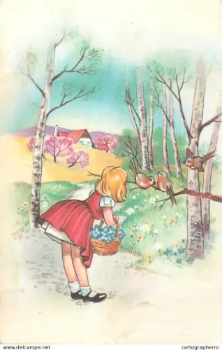 A5270 Children drawing red dress girl greeting birds illustration