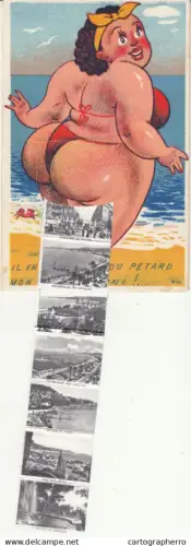A5811 France Nice leporello fold out multu views postcard (mon petit bikini) femme caricature