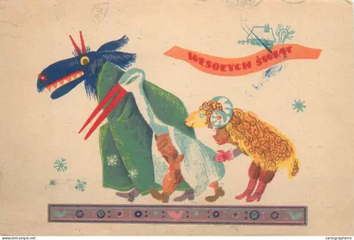 A5866 Polish winter seasonal greetings postcard folk & traditions 1950