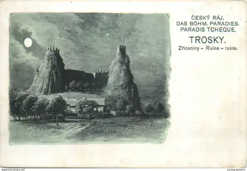 A5865 Český ráj Trosky castle moonlight 1915