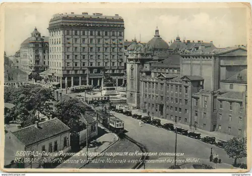 A5864 Belgrade Palais Riunione et theatre nationale avec le monument du prince Michel