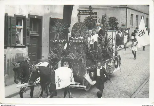 A5864 Parade horses pulling cart Cross symbol photographic postcard