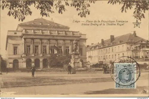 A5871 Liege place de la Republique Francaise statue Gretry Theatre Royal cpa 1928