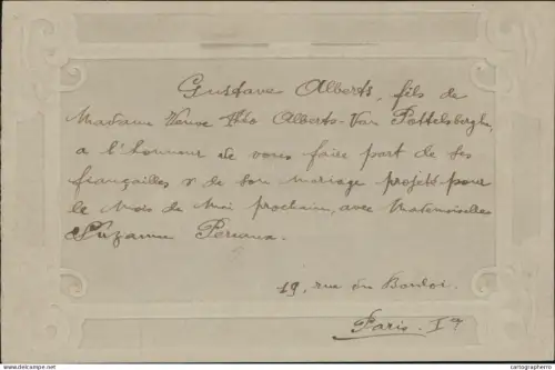 A5869 Notice of engagement and marriage announcing the upcoming social event 19, rue de Bonloi, Paris