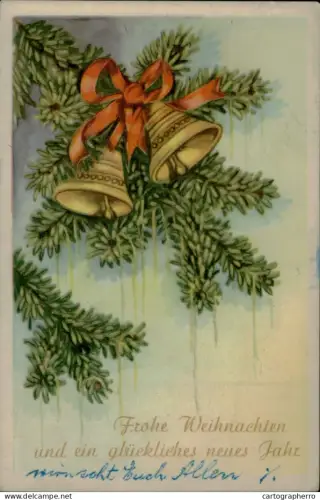 A5920 New year bells greetings postcard Austria 1958