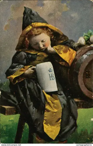 A5920 AK Münchner Kindl schaut verträumt in den leeren Bierkrug